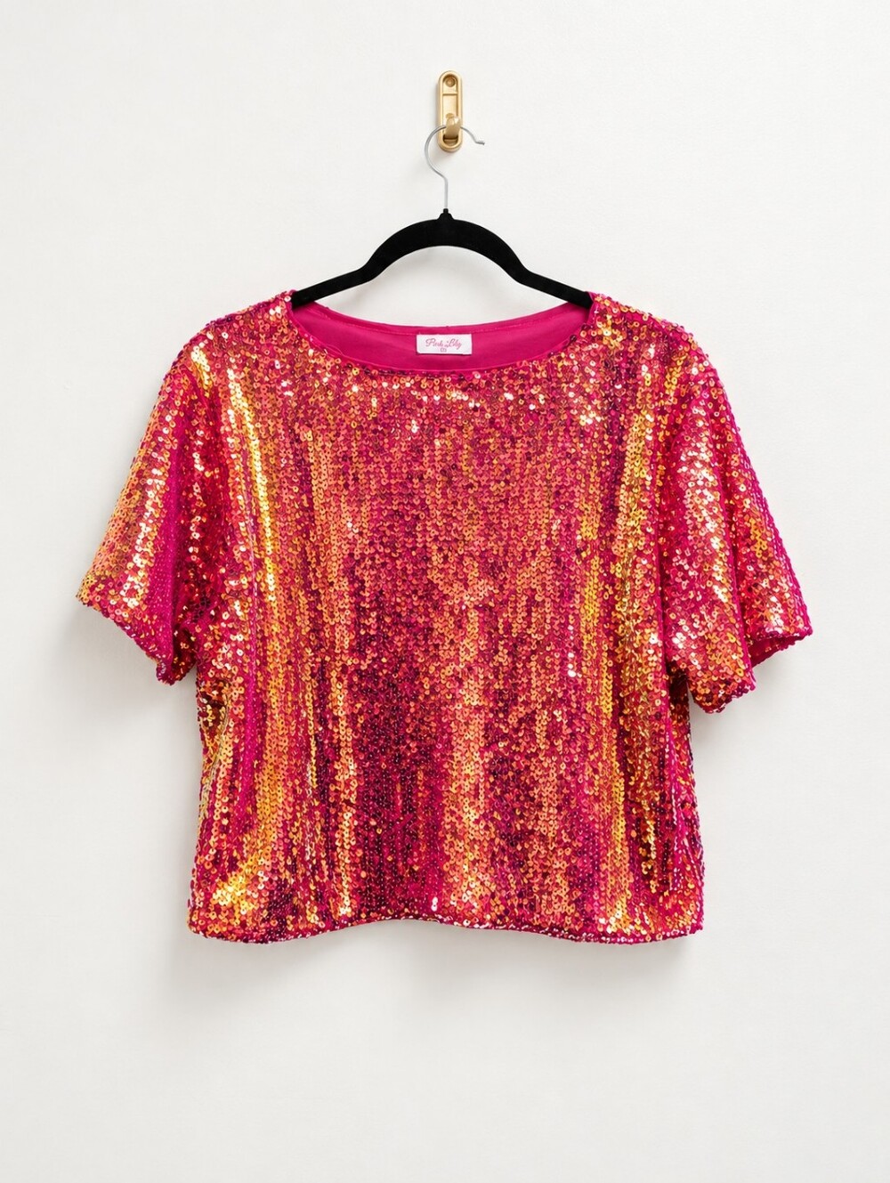 Pink Lily Holographic Sequin Short-Sleeve Crop Top